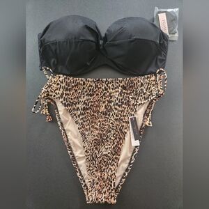 38C/L 38D/XL VS Bandeau PushUp Bikini Top High Waist Smocked Bikini Set Leopard